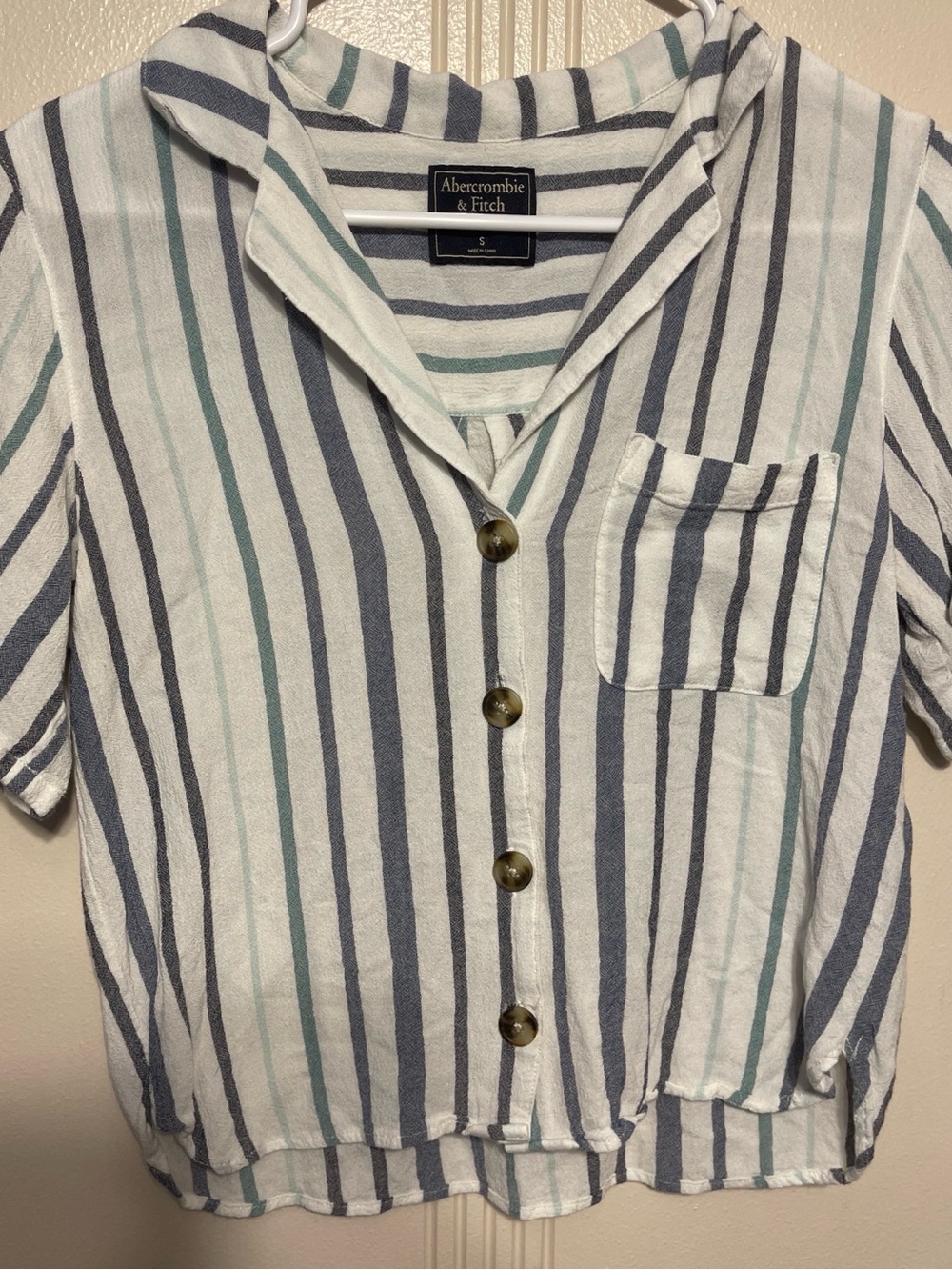 Abercrombie & Fitch Short Sleeve Striped Button Shirt - White, Navy & Teal